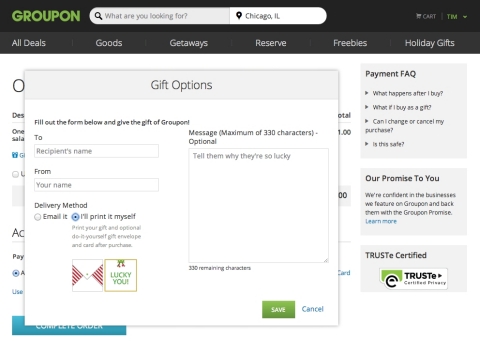 Screen shot of Groupon's new Grouponvelope gift card option at Groupon.com (Graphic: Business Wire)