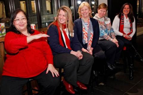 Team USA Moms Miriam Chu, Maura Bellamy, Mary Duggan, Ahlise Coyne, and Marilyn Decker are seen during the Bounty "Bring It" mom dinner on January 7, 2014, in New York City. (Brian Ach / AP Images for Bounty)