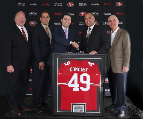 From left to right: Ted Girdner, Regional Vice President of Business Services, Comcast California, Ted Griggs, President and General Manager, Comcast SportsNet Bay Area, Jed York, 49ers Chief Executive Officer, Hank Fore, Regional Senior Vice President, Comcast California, Rich Cerussi, President and General Manager, NBC Bay Area. (Photo: Business Wire)