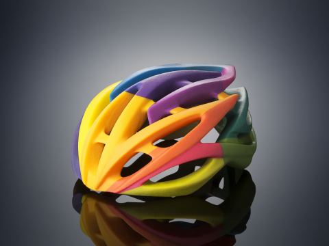 Bike helmet 3D printed on the Objet500 Connex3 Color Multi-material 3D Printer in one print job usin ... 