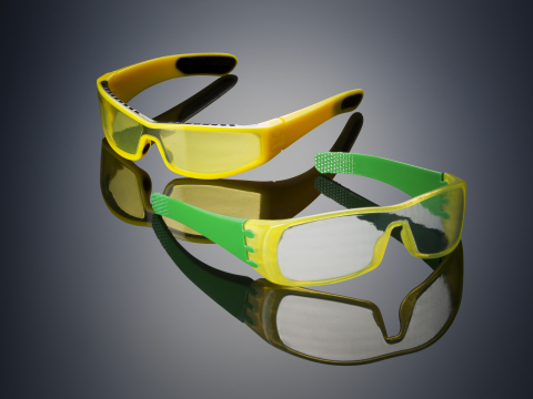 Glasses 3D printed on the Objet500 Connex3 Color Multi-material 3D Printer using Opaque VeroYellow (the frame), rubber-like black (TangoBlackPlus - also on the frame), and a unique translucent yellow tint (the lenses) in one print job - no assembly required (Photo: Stratasys Ltd.)