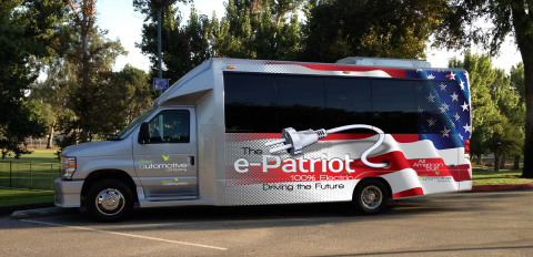 Green Automotive's new all electric shuttle bus, the e-PATRIOT (Photo: Business Wire)
