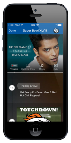 “Last night, we saw record levels of engagement with the Super Bowl with more than 700,000 Shazams of the game, with more than half of those happening during Bruno Mars’ halftime show. Our timeline experience offered users the ability to replay the ads, catch all the new music as it was unveiled, and get exclusive content,” said Rich Riley, CEO. “We were excited to have partnered with Bud Light, Jaguar and Sonos on their advertising and with Bruno Mars, Atlantic Records and Warner Music Group on the halftime show.” (Photo: Business Wire)