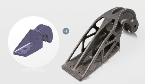 Conventional design of the steel cast bracket (left) that was environmentally assessed against the corresponding topology-optimized design of the EOS titanium AM-made bracket (right). Source: Airbus Group Innovations.