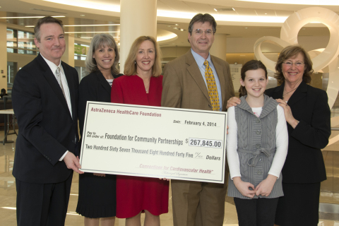 From left to right: Richard Buckley, President of the AstraZeneca HealthCare Foundation; Kim Umberger, Partnering for Youth Program Director at Foundation for Community Partnerships; Linda Kohler, Executive Director of Foundation for Community Partnerships; Dr. Michael Miller, AstraZeneca HealthCare Foundation Trustee; Ellie Yorio, a 6th grade student and participant in the Partnering for Youth Cardio-Fit Project; and Carol Williamson, Superintendent at Queen Anne's County Public Schools, at a ceremony today for the presentation of a grant for $267,845 to Foundation for Community Partnerships from the AstraZeneca HealthCare Foundation. The event took place at Saint Agnes Hospital in Baltimore, Md. The AstraZeneca HealthCare Foundation has announced grants totaling nearly $3.7 million to 19 U.S.-based nonprofit organizations across the country dedicated to improving cardiovascular health in local communities. (Photo: Business Wire)
