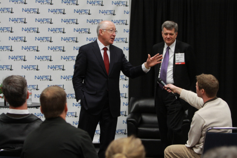 During the 2014 Winter NAPE Business Conference at the George R. Brown Convention Center, former Secretary of Interior Ken Salazar fields questions from local and energy industry media at a press conference following his keynote address. The conference opened with Salazar's remarks where he addressed concerns about the respective roles of private enterprise and public policy while emphasizing the importance of energy independence in America. More than 900 exhibiting companies and an estimated 16,000 attendees are expected to attend the Expo portion of Winter NAPE which opens Thursday, February 6, 2014. (Photo: Business Wire)