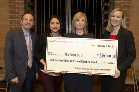 From left to right: Howard Hutchinson, M.D., FACC, Trustee of the AstraZeneca HealthCare Foundation; Brianna Sandoval, Senior Associate at The Food Trust; Yael Lehmann, Executive Director of The Food Trust and Emily Denney, Vice President of the AstraZeneca HealthCare Foundation at a ceremony today for the presentation of a grant for $209,800 to The Food Trust from the AstraZeneca HealthCare Foundation. The event took place at Thomas Jefferson University Hospital in Philadelphia, Pa. The AstraZeneca HealthCare Foundation has announced grants totaling nearly $3.7 million to 19 U.S.-based nonprofit organizations across the country dedicated to improving cardiovascular health in local communities. (Photo: Business Wire)
