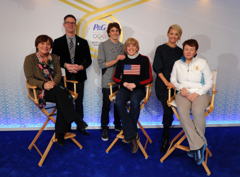 Tide athlete, Nick Goepper (USA), Pampers athlete Oksana Domnina (RUS) join their moms, with Rosi Mittermaier, double Olympic gold medalist and mom of Gillette athlete Felix Neureuther (GER), and P&G Global Design Officer Phil Duncan to officially open and welcome moms and families of Olympians around the world to the P&G Family Home at the Sochi 2014 Olympic Winter Games. (Photo: Getty Images)