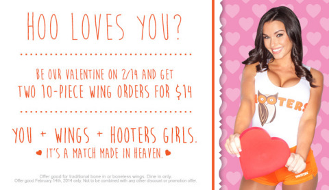 HOO loves you this Valentine's Day? Hooters is spreading the love to its loyal fans with a sweetheart deal of two 10-piece orders of its world-famous wings for just $14. Everyone has a valentine at Hooters! 
(Graphic: Business Wire)