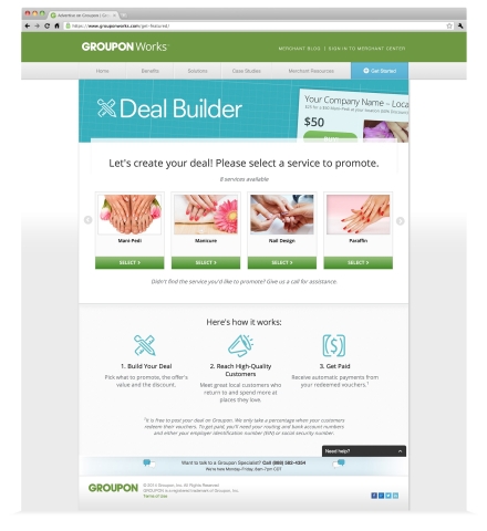 Deal Builder is available for almost all local businesses, including health and beauty, service-oriented and activities-based businesses. Merchants can even choose which of their products or services they want to feature as part of their Groupon deal. (Photo: Business Wire)