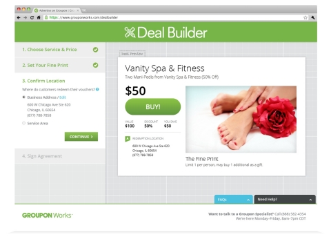 Deal Builder is now available to almost every local business in the United States. To begin the process, merchants fill out their basic information, and then choose the right deal structure and discount for their business. Once a merchant is finished, and they have opportunity to review the final product, they e-sign their contract and the deal goes live after a short review process. (Photo: Business Wire)