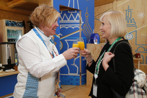 (L to R) Cheryl Simundson, mother of defending gold medallist Kaillie Humphries and Kate Virtue, mother of Olympian Tessa Virtue, tour the P&G Family Home. (Photo: Business Wire)