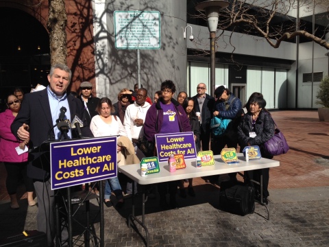 SEIU-UHW President Dave Regan joins healthcare workers and patients to shine a light on outrageous hospital costs, announce new ballot initiatives to protect community. (Photo: Business Wire)