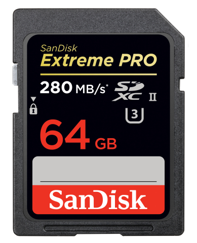 The SanDisk Extreme PRO SD UHS-II card offers up to 250MB/s write speeds for continuous burst mode shooting and transfer speeds of up to 280MB/s for maximum workflow efficiency. (Photo: Business Wire)