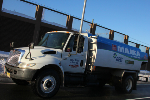 A truck from Majka and Sons, Inc. carries product from REG's terminal location in Clifton, New Jersey, one of eight locations in the northeastern U.S. where REG Energy Services, LLC is now selling petroleum-based heating oil, ULSD and biofuel blends. (Photo Courtesy REG)