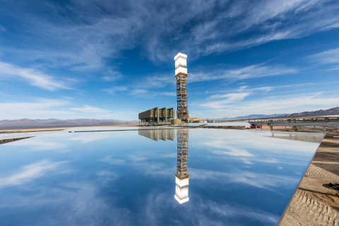 A view of the Ivanpah Solar Electric Generating System tower 1 and power block from the solar field. Each tower is 459 feet tall, 150 feet taller than the Statue of Liberty. (Photo: Business Wire)
