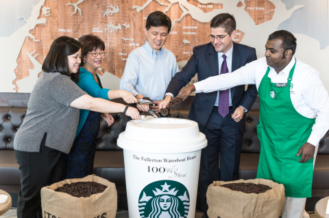 (From L to R) Ruth Yam, Starbucks Singapore;  Denise Phua, president, Autism Resource Center; Minister Chan Chun Sing; Jeff Hansberry, president, Starbucks China and Asia Pacific; and Sures Muniasamy, Starbucks Singapore, officiating the Starbucks Singapore 100th store opening at the Fullerton Waterboat House. (Credit: Starbucks Coffee Company)