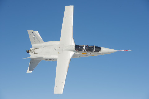 Overhead view of the Scorpion ISR/Strike twin-engine jet in test flight, February 13, 2014. (Photo: Business Wire)