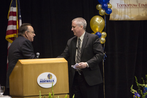 Norwalk Mayor Luigi Vernola (left) introduces City Manager Mike Egan at the 2014 State of the City event. Egan touted Norwalk's focus on redevelopment. (Photo: Business Wire)