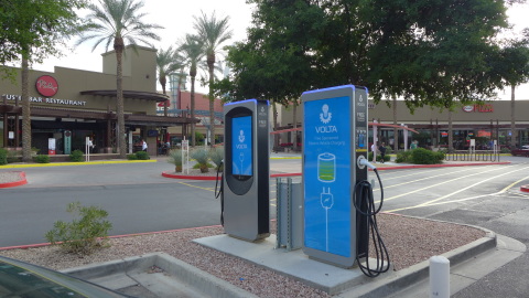 Volta has launched 12 electric vehicle (EV) charging stations in Arizona, including these stations in Phoenix at the Ahwatukee Foothills Towne Center. (Photo: Business Wire)