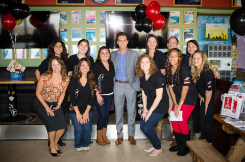 Janine Watts, RADD CA Coalition Assistant Manager (Left), Jeff Krapf event emcee and host of Getaway San Diego (Center) and Dr. James Lange RADD Research Director (Right) pose with RADD Campus Partners from the San Diego region. (Photo: Business Wire)