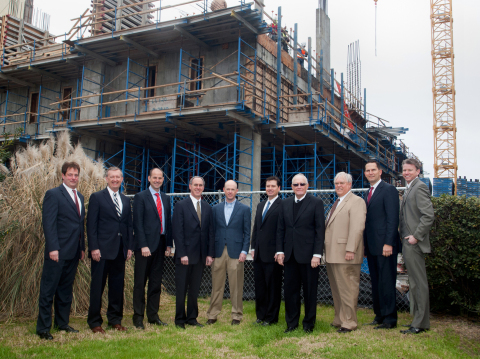 Executives from Hilton Grand Vacations and Strand Capital Group officially announced the launch of Ocean 22 by Hilton Grand Vacations Club, Myrtle Beach's most recent new-build property set to open in the summer of 2015. (From L to R): Mark Lamonaca - HGV, Sr. Director, Sales & Marketing; Jim Hansen - HGV, Regional VP, Sales & Marketing Mainland US; Michael Brown - HGV, Chief Operating Officer; David Epstein - HGV, VP Strategy & Business Development; Charles Daniel - Strand Capital Group, Project Manager; Patrick Lowe - Strand Capital Group / Oceana Resorts, Principal Partner; Loyd Daniel - Strand Capital Group, Managing Partner; David Desforges - HGV, Senior VP, Development; Kelly Olinger - HGV, VP, Asset & Relationship Management; Jon Konkel - HGV, General Manager (Photo: Business Wire)