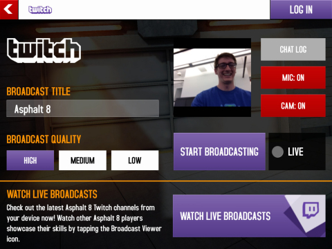 Using the Twitch Mobile SDK, Asphalt 8: Airborne is the first mobile game to have built-in streaming functionality. This image shows feature options and how to log in to Twitch to begin live broadcasting. (Photo: Business Wire)