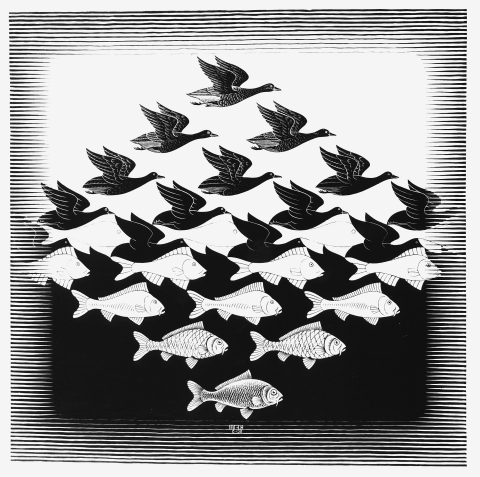 "Sky and Water I," a woodcut from 1938, is one of 21 original prints by M.C. Escher on display this April and May at Atelier 6000. (Photo: Business Wire)