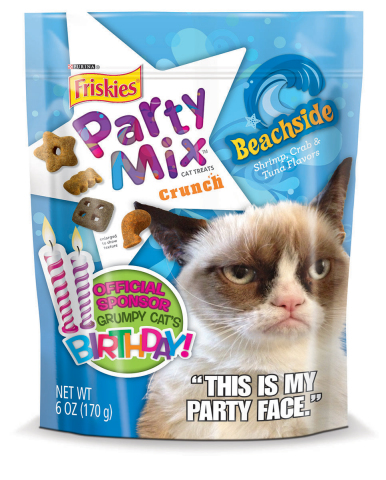 Friskies® Party Mix™ celebrates the second birthday of its “official spokescat” by releasing limited edition packaging that features Grumpy Cat and issuing #1MMGrumpyFrowns Challenge. For more details, visit www.Friskies.com/PartyMix (Photo: Business Wire)

