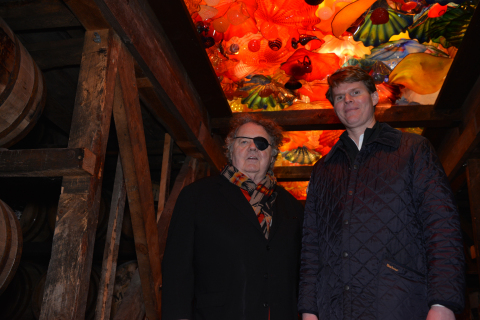 Maker's Mark Chief Operating Officer, Rob Samuels (right), and artist, Dale Chihuly (left) beneath "The Spirit of the Maker" at the Maker’s Mark Distillery. (Photo: Business Wire)