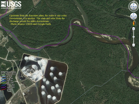 View from Google Earth of Rayonier wastewater ponds and discharge into the Altamaha River (Graphic: Business Wire)