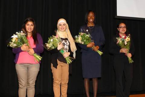 Women LEAD (Learn. Excel. Achieve. Dream.). The inaugural event was held on March 27, 2014 at Emmett J. Conrad High School, where eight female Conrad High School senior finalists competed in an oratory competition followed by an awards ceremony. (L-R) Fourth Place Winner Maria Monjaras, Third Place Winner Sumayah Al Haddad, Second Place Winner Lauren Jackson and First Place Winner Deyanira Zapata-Martinez.