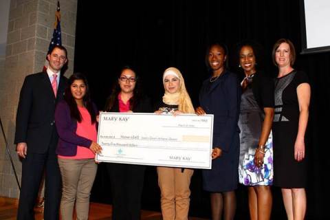 The Junior League of Dallas (JLD) and Mary Kay Inc., two of Dallas' most philanthropic organizations, are proud to announce the four female recipients who will receive a combined $25,000 in collegiate scholarships through a new JLD program, Women LEAD (Learn. Excel. Achieve. Dream.). The inaugural event was held on March 27, 2014 at Emmett J. Conrad High School, where eight female Conrad High School senior finalists competed in an oratory competition followed by an awards ceremony. (L-R) Director of Corporate Communications and Corporate Social Responsibility of Mary Kay Crayton Webb, Fourth Place Winner Maria Monjaras, First Place Winner Deyanira Zapata-Martinez, Third Place Winner Sumayah Al Haddad, Second Place Winner Lauren Jackson, Shannon Powell Hart of WFAA-Good Morning Texas and Junior League of Dallas President Laura Johnson.