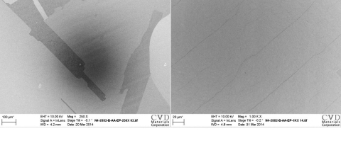 The 250X and 1000X magnified SEM images shows that our patent pending EasyGraphene™ system solution can be further tuned to manufacture ultra clean and uniform CVD graphene material on copper foil. (Photo: Business Wire)