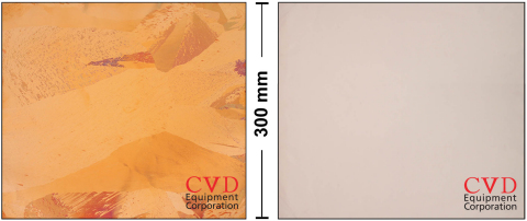 The left image above shows a 300 mm annealed Cu foil (without graphene growth). This foil was intentionally removed from our EasyGraphene™ system at 200º Celsius so that the Cu grains would oxidize at different rates, thereby becoming easily observed with the naked eye. The right image above shows a 300 mm Cu foil with >95% mono layer graphene growth on top of the large Cu grains manufactured in our EasyGraphene™ system. The graphene protects the Cu foil from being oxidized, as can be seen by the uniform pinkish color. (Photo: Business Wire)