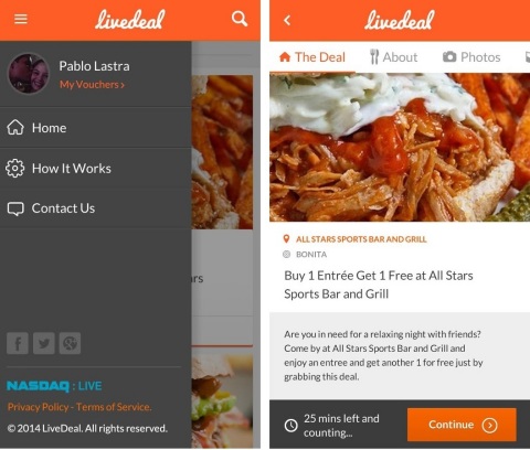 LiveDeal Android App allows consumers access to thousands of restaurant deals on the LiveDeal.com network. (Graphic: Business Wire)

