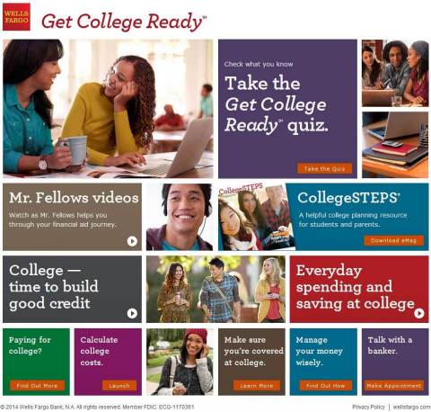 Wells Fargo launches the Get College Ready website, a new, interactive online platform that offers a quiz, a calculator, videos and educational articles to help parents and students prepare financially for college. (Graphic: Business Wire)
