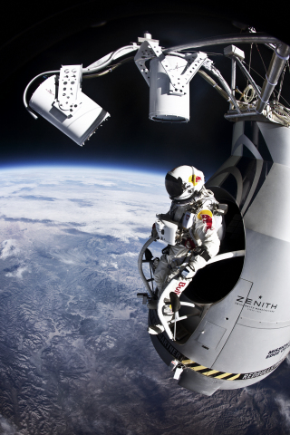 Red Bull daredevil Felix Baumgartner prepares for his record-breaking 128,000-foot free fall from the stratosphere on Outside Television's "Mission to the Edge of Space." 
(Photo: Jay Nemeth/Red Bull Content Pool)

