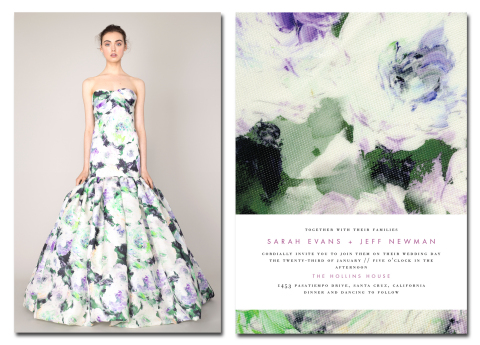 Breathtaking Blossoms by Marchesa for Wedding Paper Divas alongside the dress that inspired the design (Photo: Business Wire)