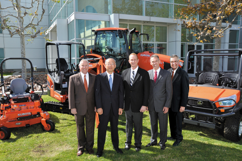 Kubota's executive management team places a high priority on the dealer-manufacturer relationship. From left to right: Greg Embury, KTC senior vice president, marketing and dealer development; Masato Yoshikawa, KTC president and CEO; David Sutton, KCC president and CEO; Todd Stucke, KTC vice president, agriculture and turf division; Ted Pederson, KTC vice president, northern division and special projects. (Photo: Business Wire)