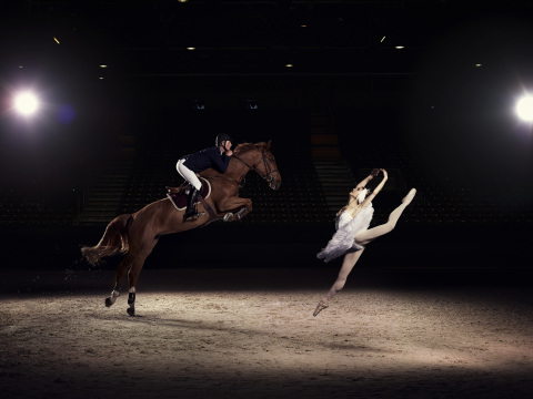 US Elite Jumping rider Charlie Jacobs demonstrates the power and athleticism of his sport, alongside Liudmila Khitrova from the Minsk Bolshoi, ahead of the Longines FEI World Cup™ Jumping Final in Lyon, France (17-21 April) (Photo: Business Wire)