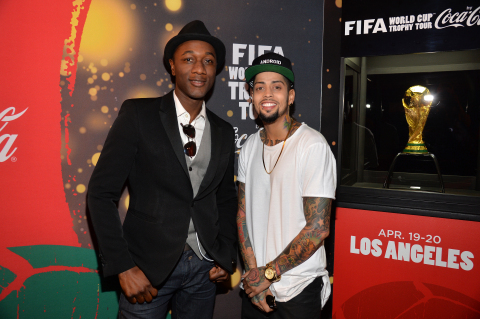 Aloe Blacc and David Correy at the FIFA World Cup(TM) Trophy Tour by Coca-Cola experience in Los Angeles before performing 'The World is Ours' by Aloe Blacc x David Correy. (Photo: Michael Buckner)