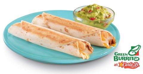 Green Burrito® at Carl’s Jr.'s® new Grilled Flautas with Charbroiled Chicken feature Green Burrito’s flavorful charbroiled chicken, spicy Santa Fe sauce and shredded Jack and cheddar cheeses rolled in a flour tortilla and grilled, and served with a side of creamy, freshly prepared guacamole. (Photo: Business Wire)