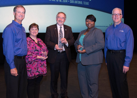 (from L to R) Steve Nieman, senior vice president of Tyler's Local Government Division; Ina Byrd, deputy director of finance and information systems at Ridgeland, Mississippi; Larry Burtness, recorder at Washoe County, Nevada; Trina Gallien, court administrator for Dunwoody Municipal Court, Georgia; Brett Cate, president of Tyler's Local Government Division. (Photo: Business Wire)