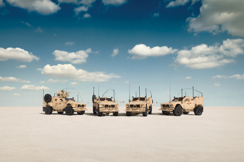 The Oshkosh M-ATV family of vehicles combines the industry's most effective battle-proven technologies with the automotive performance and crew protection necessary to support troops anywhere the mission requires. Pictured from left, Oshkosh Defense M-ATV Extended Intervention (EXI), Extended Engineer (EXE), Extended Command (EXC), and Standard Special Forces (SXF) vehicles. (Photo: Business Wire)