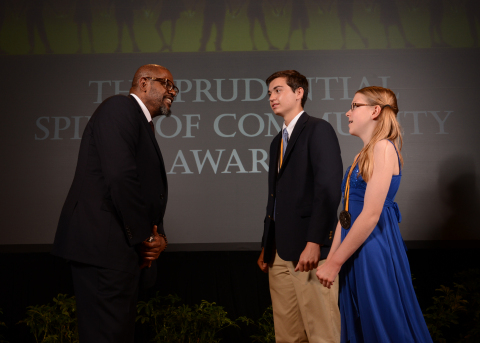 Academy Award-winning actor Forest Whitaker congratulates John Perino, 16, of Westerly (center) and Kelly Graziano, 12, of Johnston (right) on being named Rhode Island's top two youth volunteers for 2014 by The Prudential Spirit of Community Awards. John and Kelly were honored at a ceremony on Sunday, May 4 at the Smithsonian's National Museum of Natural History, where they each received a $1,000 award. (Photo: Business Wire)