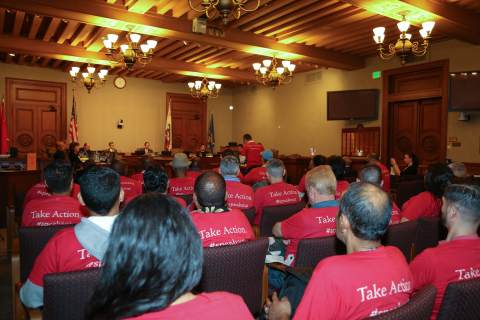 AHF advocates in coordinated "Take Action. #SpeakOut" shirt filled the Pasadena City Council Meeting on Monday, May 5 as they called for the replacement of Pasadena Public Health Department Director Dr. Eric Walsh due to Walsh's ongoing demonization of targeted communities, including homosexuals, Muslims, and single mothers. (Photo: Business Wire)