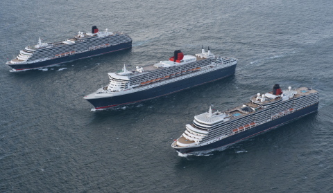 Cunard Line's Three Queens, from top left to right: Queen Victoria, Queen Mary 2 and Queen Elizabeth. [Photo credit: James Morgan]