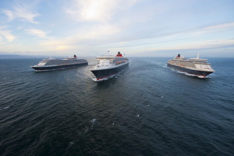 Cunard Line's Three Queens photographed off the coast of Lisbon, Portugal. [Photo credit: James Morgan]