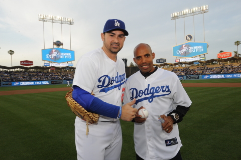 Dodger, Adrian Gonzalez with Skechers Performance Elite Athlete, Meb Keflezighi, after throwing out  ... 
